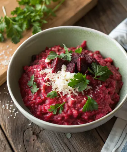 bowl filled with creamy, deep pink spelt beetroot risotto garnished with fresh parsley and a sprinkle of grated Parmesan cheese