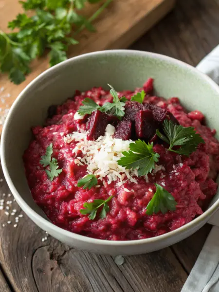 bowl filled with creamy, deep pink spelt beetroot risotto garnished with fresh parsley and a sprinkle of grated Parmesan cheese