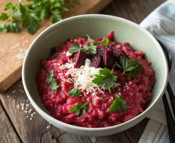 bowl filled with creamy, deep pink spelt beetroot risotto garnished with fresh parsley and a sprinkle of grated Parmesan cheese
