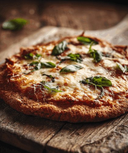 freshly baked spelt flour pizza on a rustic wooden surface, crust is golden and slightly crisp with visible whole grain texture