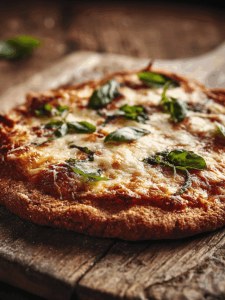 freshly baked spelt flour pizza on a rustic wooden surface, crust is golden and slightly crisp with visible whole grain texture