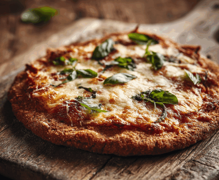 freshly baked spelt flour pizza on a rustic wooden surface, crust is golden and slightly crisp with visible whole grain texture