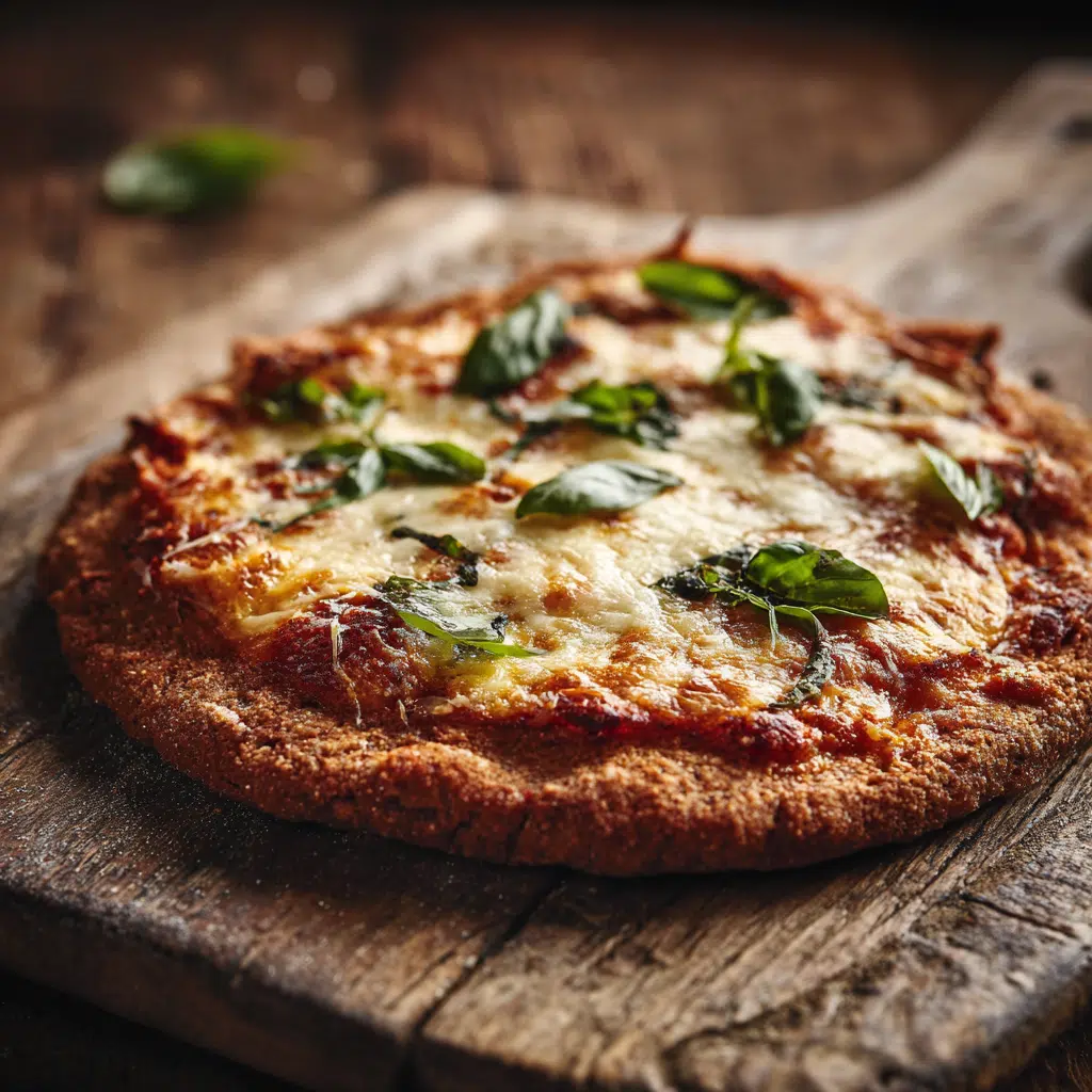 freshly baked spelt flour pizza on a rustic wooden surface, crust is golden and slightly crisp with visible whole grain texture