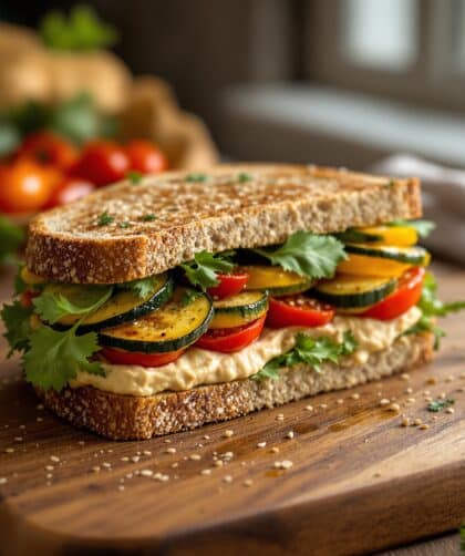 Spelt Hummus and Roasted Veggie Sandwich