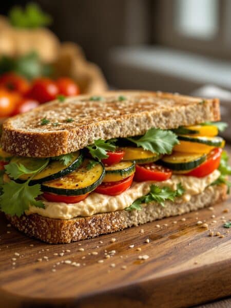 Spelt Hummus and Roasted Veggie Sandwich