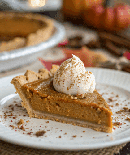 slice of spelt pumpkin pie on a dessert plate, showing creamy filling and flaky crust texture