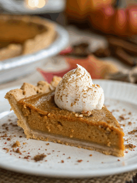 slice of spelt pumpkin pie on a dessert plate, showing creamy filling and flaky crust texture