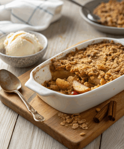 Vegan Spelt Apple Crumble in a rustic white ceramic baking dish
