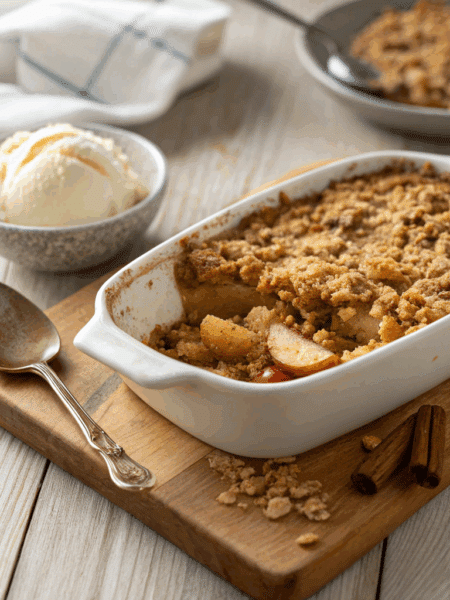 Vegan Spelt Apple Crumble in a rustic white ceramic baking dish