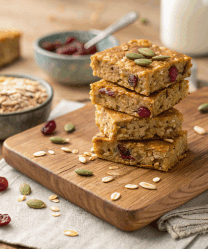 spelt pumpkin seed bars stacked neatly on a rustic wooden board