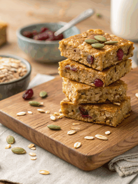 spelt pumpkin seed bars stacked neatly on a rustic wooden board