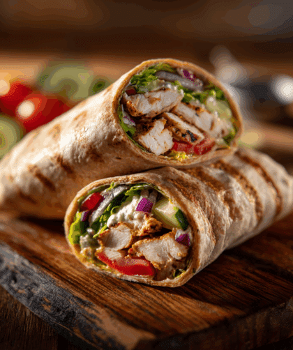 Spelt and Grilled Chicken Wraps sliced in half, arranged on a rustic wooden board with fresh vegetables scattered around