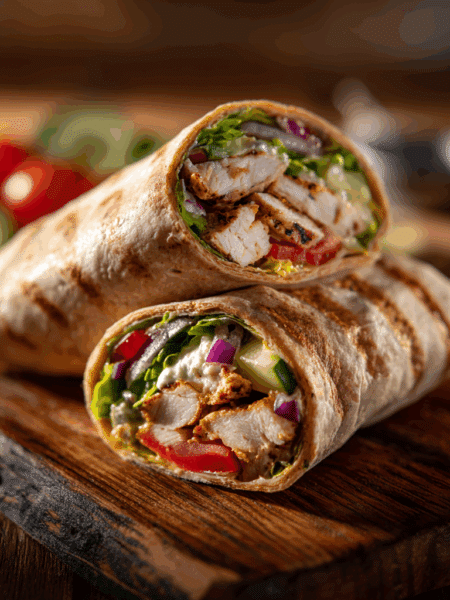 Spelt and Grilled Chicken Wraps sliced in half, arranged on a rustic wooden board with fresh vegetables scattered around