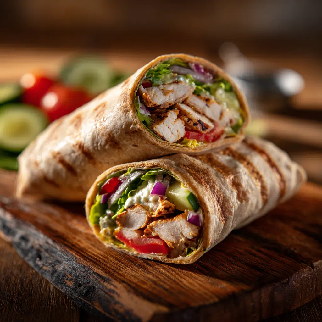 Spelt and Grilled Chicken Wraps sliced in half, arranged on a rustic wooden board with fresh vegetables scattered around