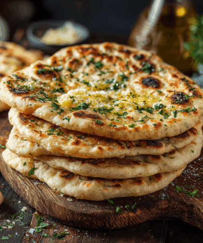 freshly cooked spelt garlic butter flatbreads stacked on a rustic wooden board, brushed with melted garlic butter and sprinkled with fresh parsley