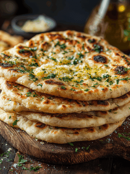 freshly cooked spelt garlic butter flatbreads stacked on a rustic wooden board, brushed with melted garlic butter and sprinkled with fresh parsley