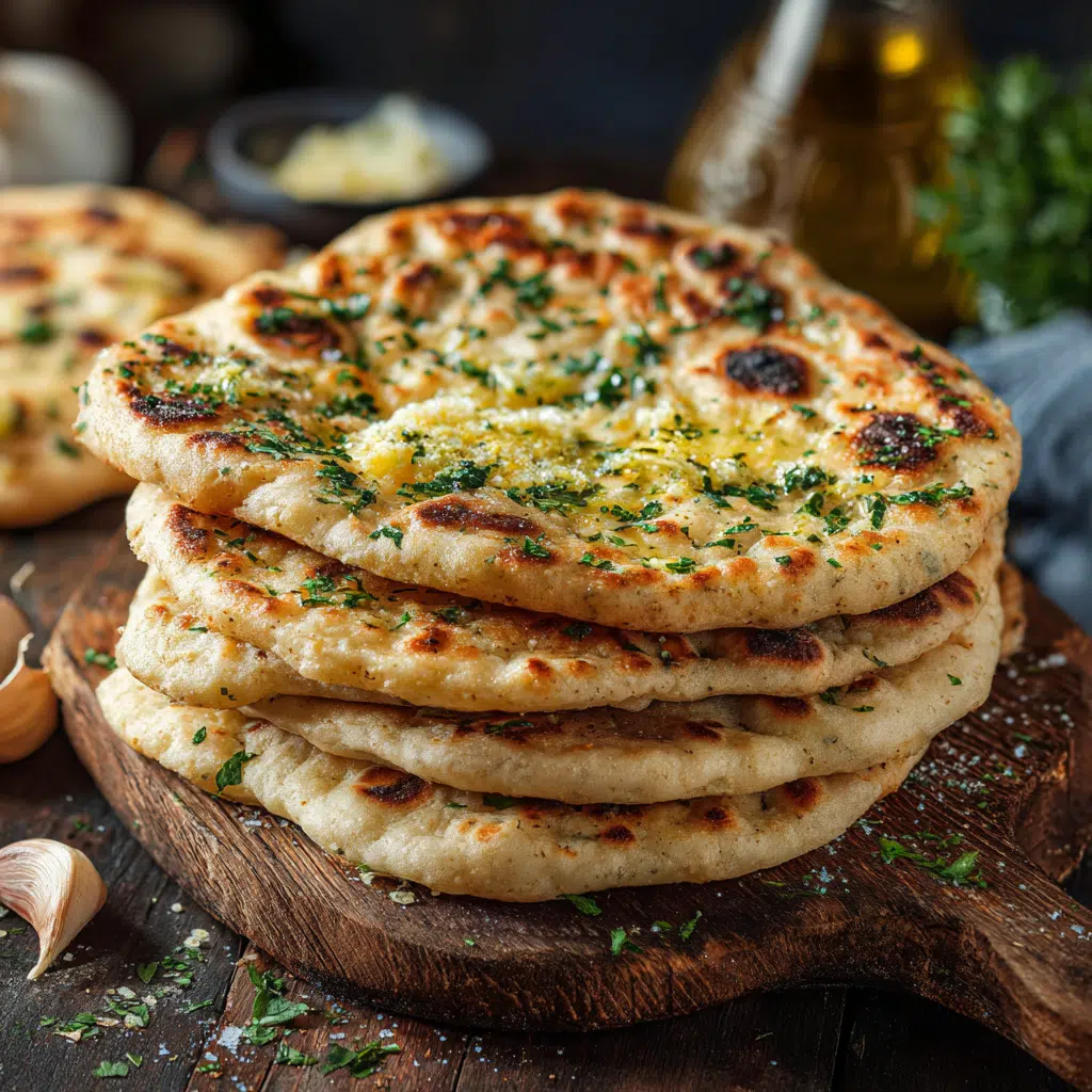 freshly cooked spelt garlic butter flatbreads stacked on a rustic wooden board, brushed with melted garlic butter and sprinkled with fresh parsley
