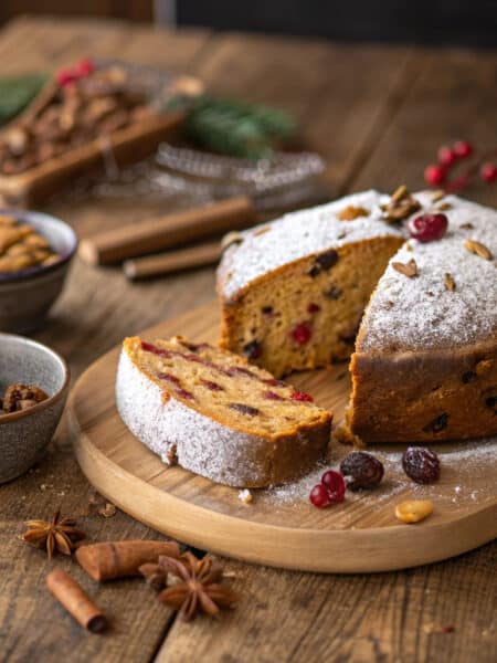 freshly baked Spelt Mulled Wine Fruitcake on a rustic wooden table