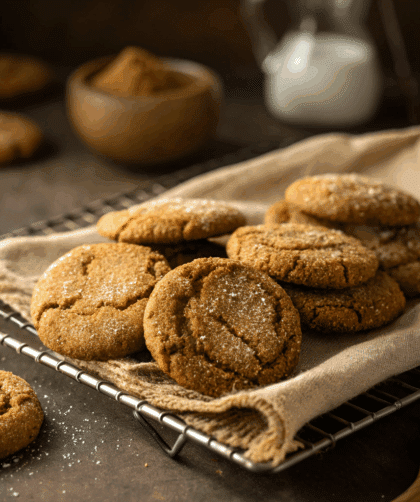 reshly baked spelt ginger snap cookies, golden-brown, slightly cracked on top, with a crispy sugar-coated edge and chewy centre