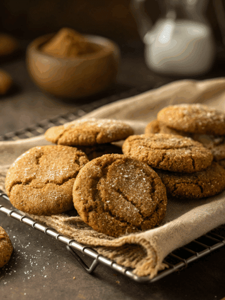 reshly baked spelt ginger snap cookies, golden-brown, slightly cracked on top, with a crispy sugar-coated edge and chewy centre