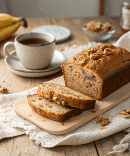 reshly baked spelt banana bread loaf on a wooden breakfast table.