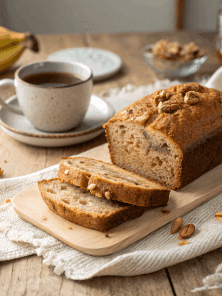 reshly baked spelt banana bread loaf on a wooden breakfast table.