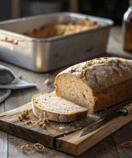 freshly baked spelt beer bread loaf on a rustic wooden board