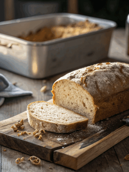 freshly baked spelt beer bread loaf on a rustic wooden board