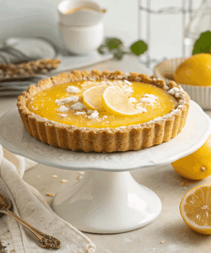 freshly baked Spelt Lemon Curd Tart on a white ceramic cake stand.