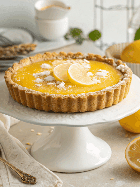 freshly baked Spelt Lemon Curd Tart on a white ceramic cake stand.