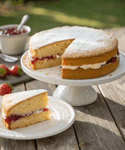 freshly baked Spelt Victoria Sponge Cake sliced in half, filled with whipped cream and strawberry jam, lightly dusted with icing sugar on top.