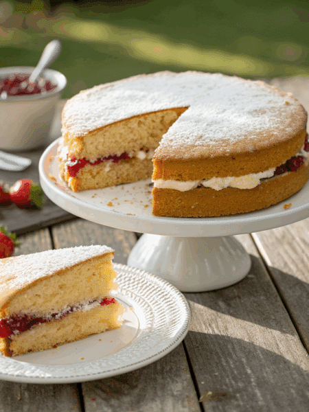 freshly baked Spelt Victoria Sponge Cake sliced in half, filled with whipped cream and strawberry jam, lightly dusted with icing sugar on top.