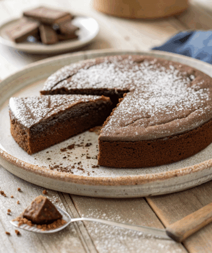single-layer Spelt Chocolate Fudge Cake on a rustic ceramic plate.