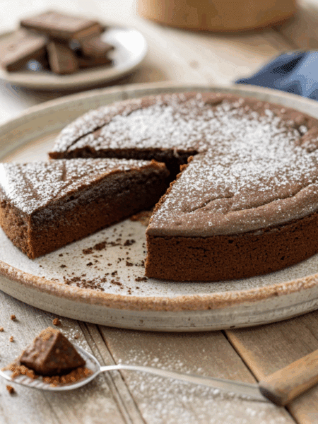 single-layer Spelt Chocolate Fudge Cake on a rustic ceramic plate.