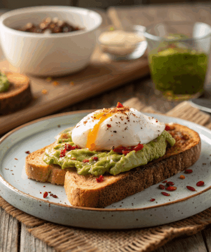 spelt toast topped with mashed avocado and a perfectly poached egg, garnished with chilli flakes and olive oil drizzle.