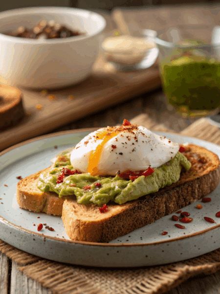 spelt toast topped with mashed avocado and a perfectly poached egg, garnished with chilli flakes and olive oil drizzle.