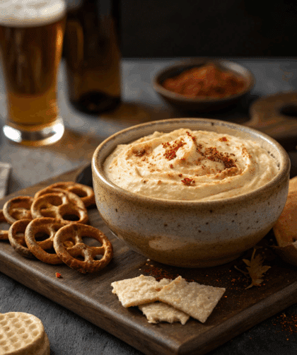 pelt Beer Cheese Dip mid-dip, with a soft pretzel dipped into the gooey cheese