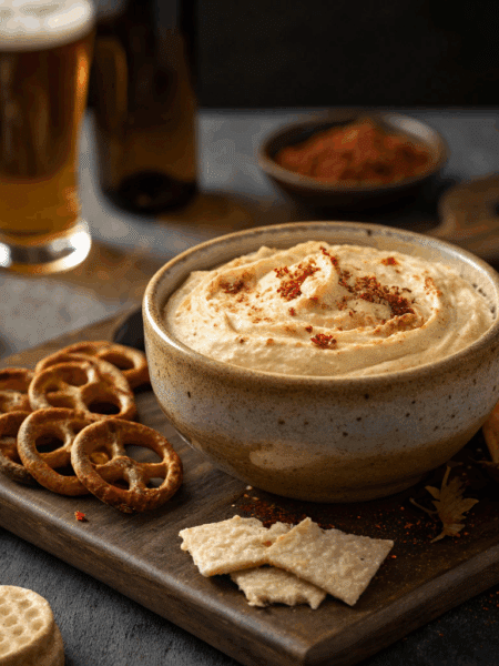 pelt Beer Cheese Dip mid-dip, with a soft pretzel dipped into the gooey cheese