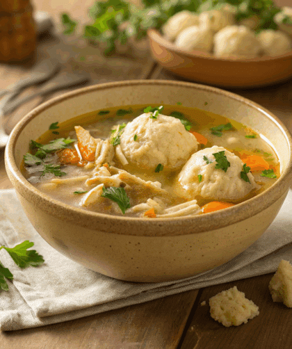 rustic ceramic bowl filled with golden spelt chicken broth