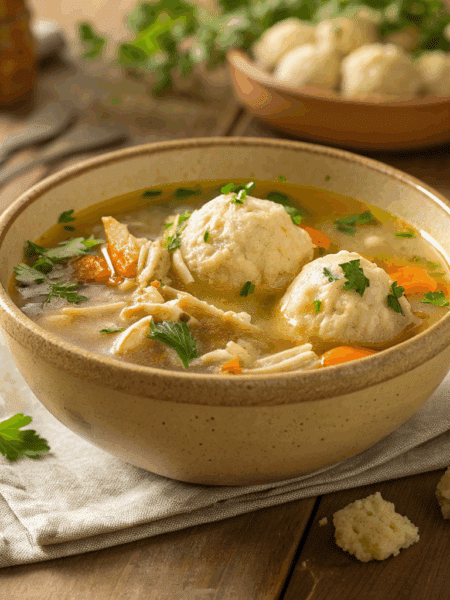 rustic ceramic bowl filled with golden spelt chicken broth