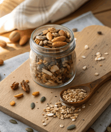 spelt nut and seed trail mix served in a clear glass jar with a wooden spoon beside it