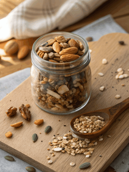 spelt nut and seed trail mix served in a clear glass jar with a wooden spoon beside it