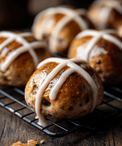 high-resolution photo of freshly baked Spelt Hot Cross Buns cooling on a wire rack