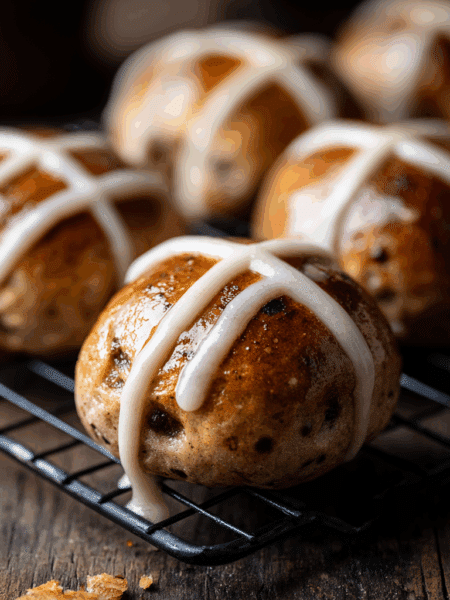 high-resolution photo of freshly baked Spelt Hot Cross Buns cooling on a wire rack