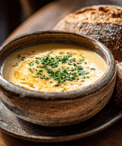 Spelt Ale and Cheese Soup served in a rustic ceramic bowl,