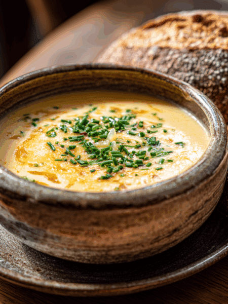 Spelt Ale and Cheese Soup served in a rustic ceramic bowl,