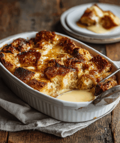 freshly baked Spelt Bread and Butter Pudding in a white ceramic baking dish.