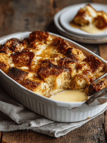 freshly baked Spelt Bread and Butter Pudding in a white ceramic baking dish.