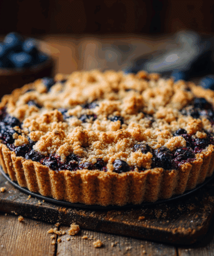 Spelt Blueberry Crumble Tart in a round tart tin