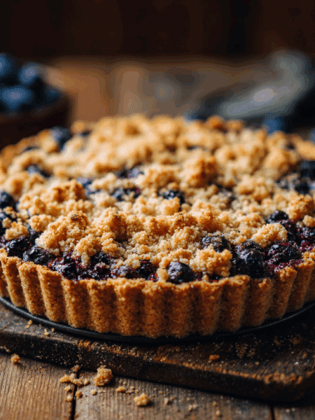 Spelt Blueberry Crumble Tart in a round tart tin